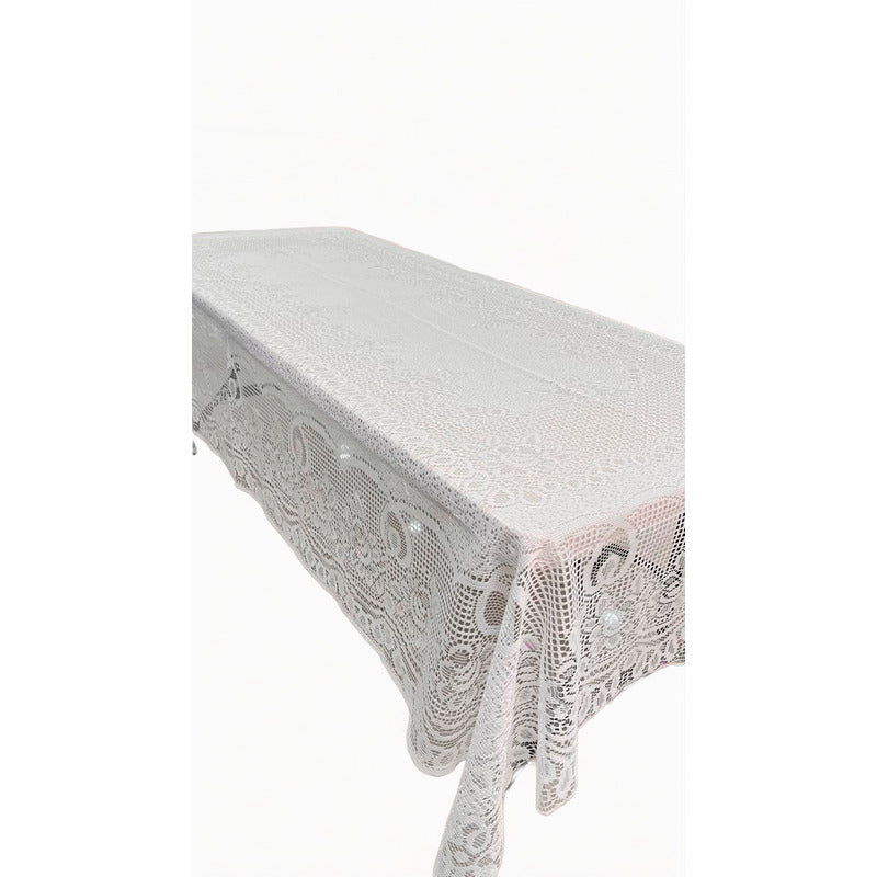 Mantel Calado Leonora 1.5×2.5 M | Elegancia Total Blanco Calado Rosas