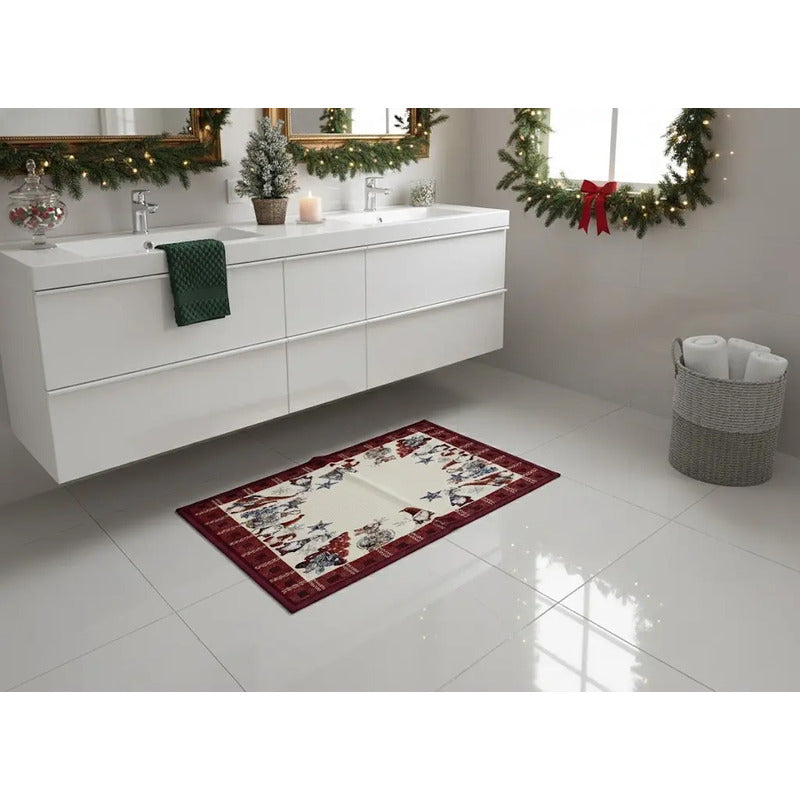 Kit Navideño: Camino De Mesa, Pie De Árbol, Fundas Y Tapete Beige Duendes Navideños