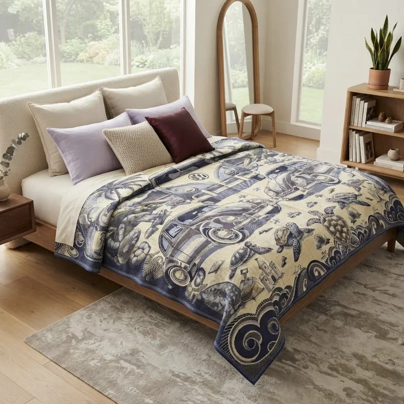 Colcha De Hilo Jacquard Leonora Premium Matrimonial Amplia Violeta Oscuro Ban Morado/beige