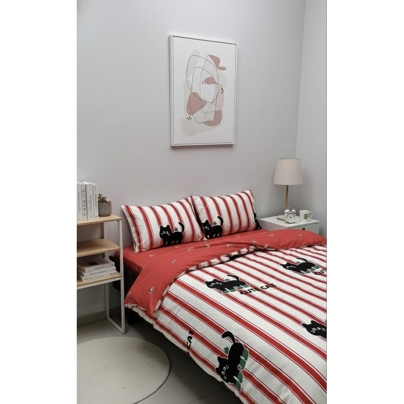 Edredón Premium Duvet Dos Vistas Matri Con Relleno Incluido Rojo Gato Patitas Rayas Algodón Alta Densidad