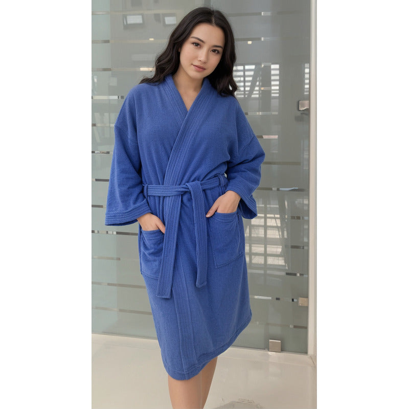 Bata De Baño Leonora Rasurada 100% Algodón Super Absorbente Azul Marino M-l