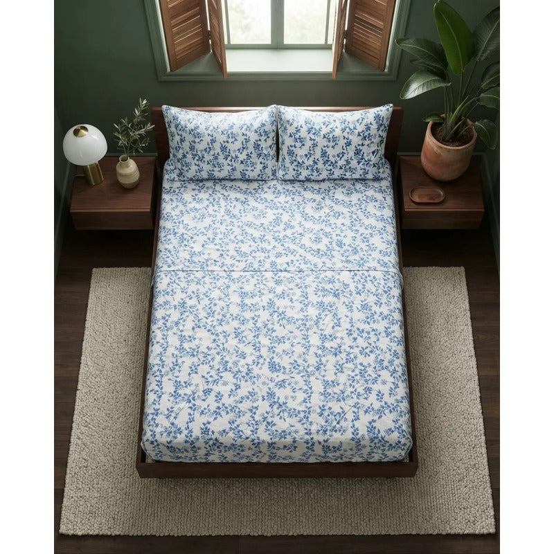Juego De Sabana Matrimonial 100% Algodón Suaves Y Frescas Azul Claro Floresta Azul