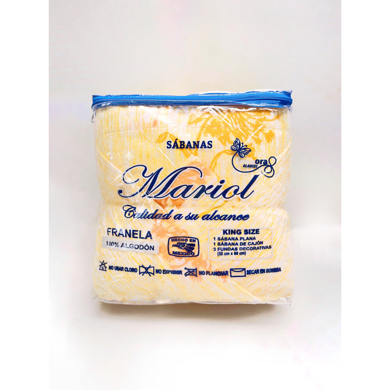 Juego De Sabanas Franela Mariol 100% Algodón King Size Dorado Flor De Oro