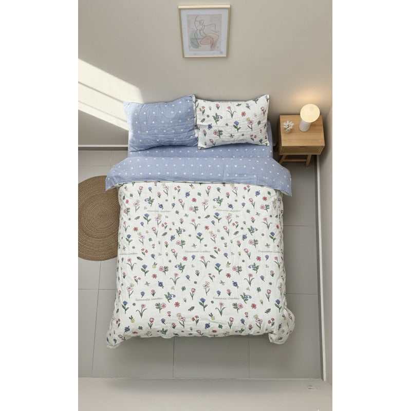 Edredón Premium Duvet Dos Vistas Matri Con Relleno Incluido Azul Tulipán Corazones Algodón Alta Densidad