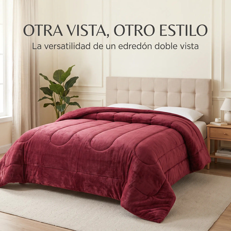 Edredón Matrimonial Acolchado Doble Vista Textura Térmica Vino Piel De Conejo