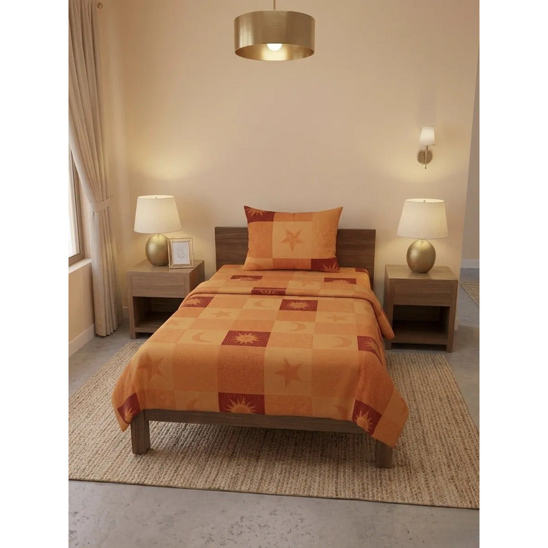 Juego De Sábana Mariol Individual 100% Algodón Premium Naranja Soy Y Estrellas Naranja