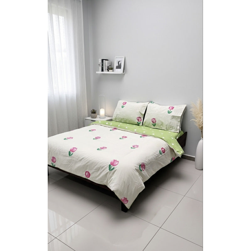 Edredón Premium Duvet Dos Vistas Matri Con Relleno Incluido Verde Corazón Tulipanes Rosa Algodón Alta Densidad