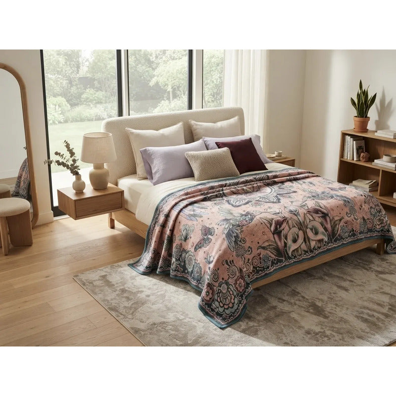 Colcha De Hilo Jacquard Leonora Premium Matrimonial Amplia Coral Claro Colibríes Coral/turquesa