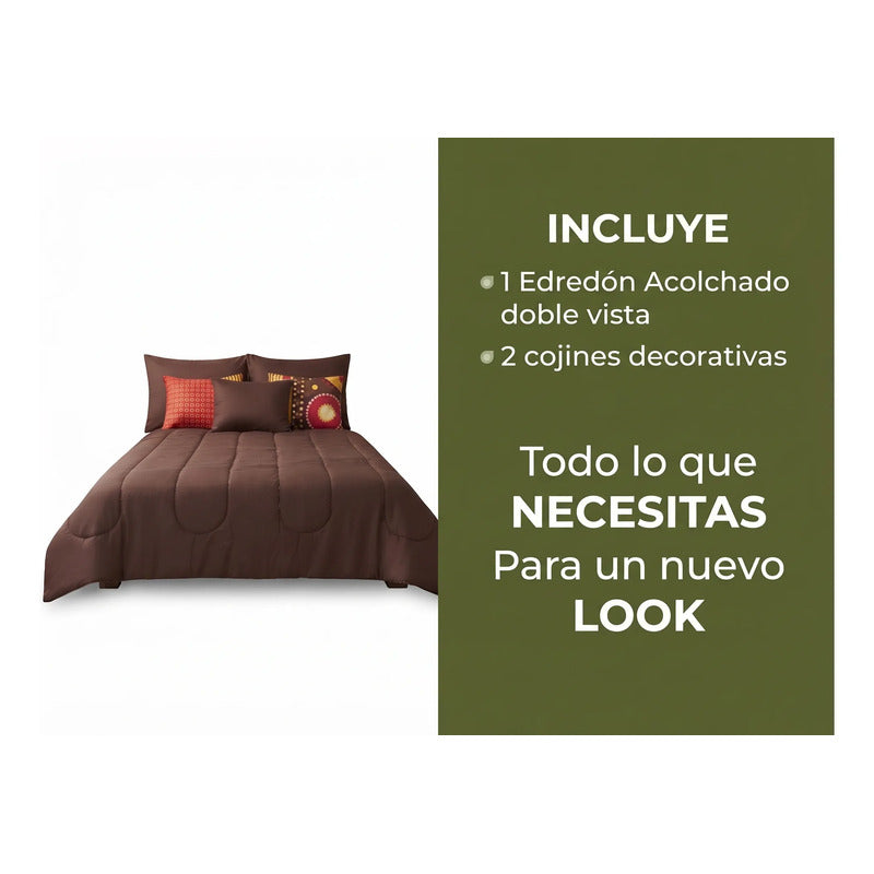 Edredon King Size Doble Vista +3 Cojines Decorativos Algodón Cafe/vino Circular