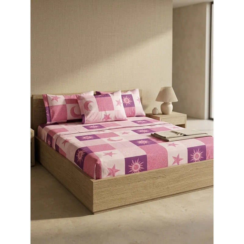 Sábana King  Bramante Cajón Amplio 100% Algodón Super Suave Rosa Soles Y Estrellas