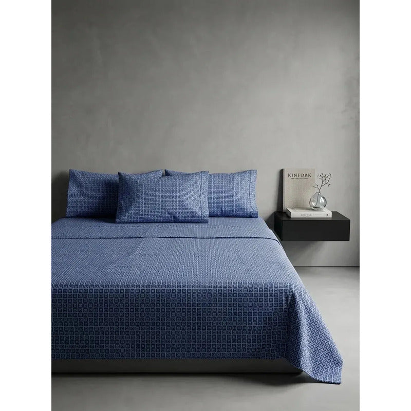 Sábana King  Bramante Cajón Amplio 100% Algodón Super Suave Azul Acero Cuadro Espiral Azul