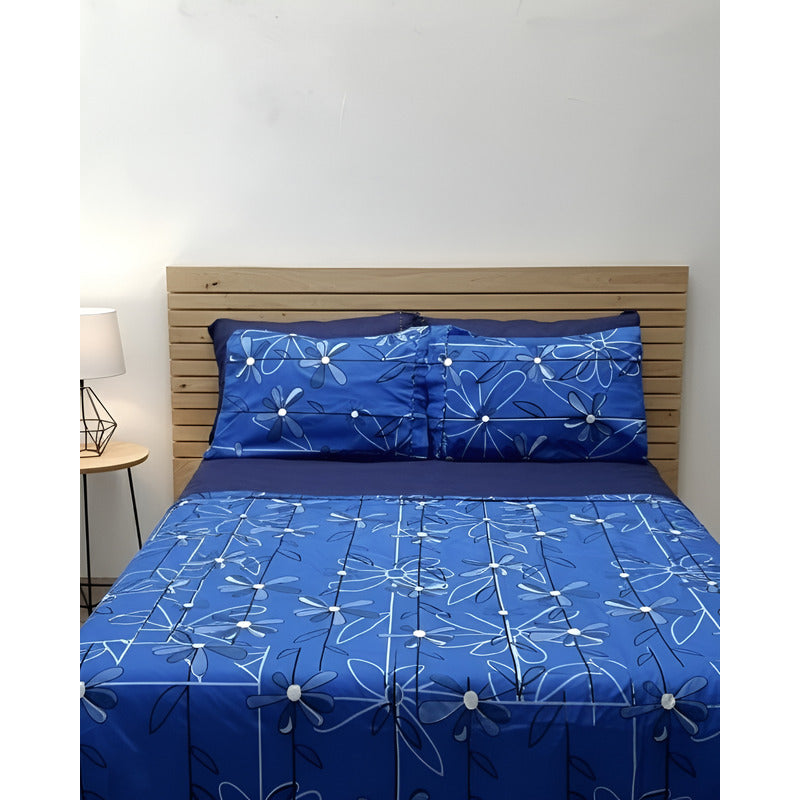 Juego De Sabanas 6 Piezas Tacto Bambu Premium Quality Azul Flor Marino