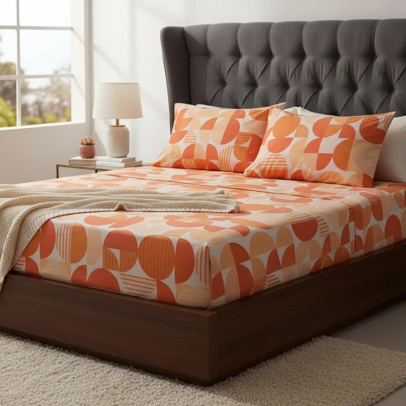 Sábana De Cajón Matrimonial +2 Fundas De Almohada Algodón Naranja Circular Naranja