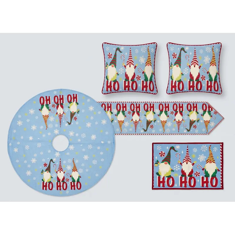Kit Navideño: Camino De Mesa, Pie De Árbol, Fundas Y Tapete Azul Claro