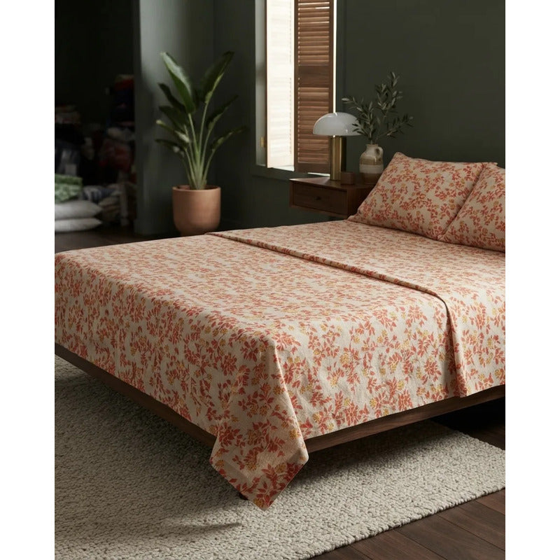 Juego De Sabana Matrimonial 100% Algodón Suaves Y Frescas Naranja Floresta Naranja