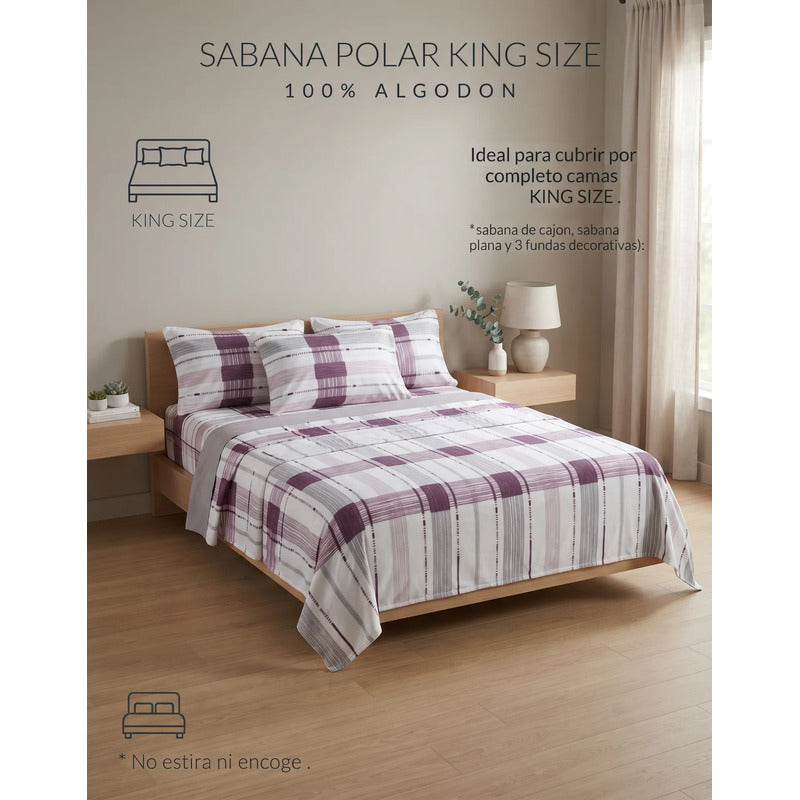 Juego De Sábanas Térmicas Polar Algodón King Size Invernal Lila Berry Lila