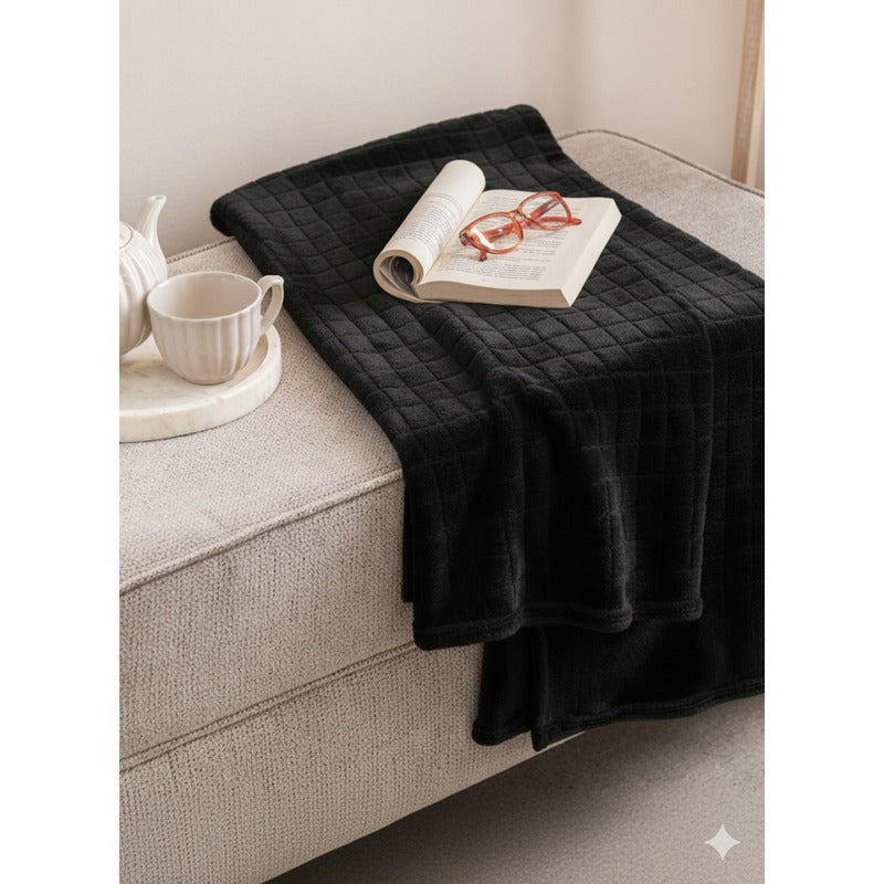 Frazada Térmica Leonora Matrimonial Extra Suave-grabada Cuadros Negro Negro