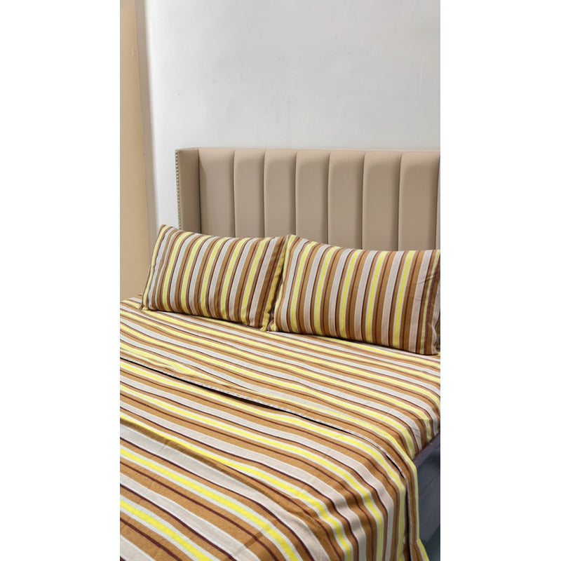 Juego De Sábanas Matrimonial Leonora Franela Planchada 2mts Marrón Rayado Café/ Amarillo