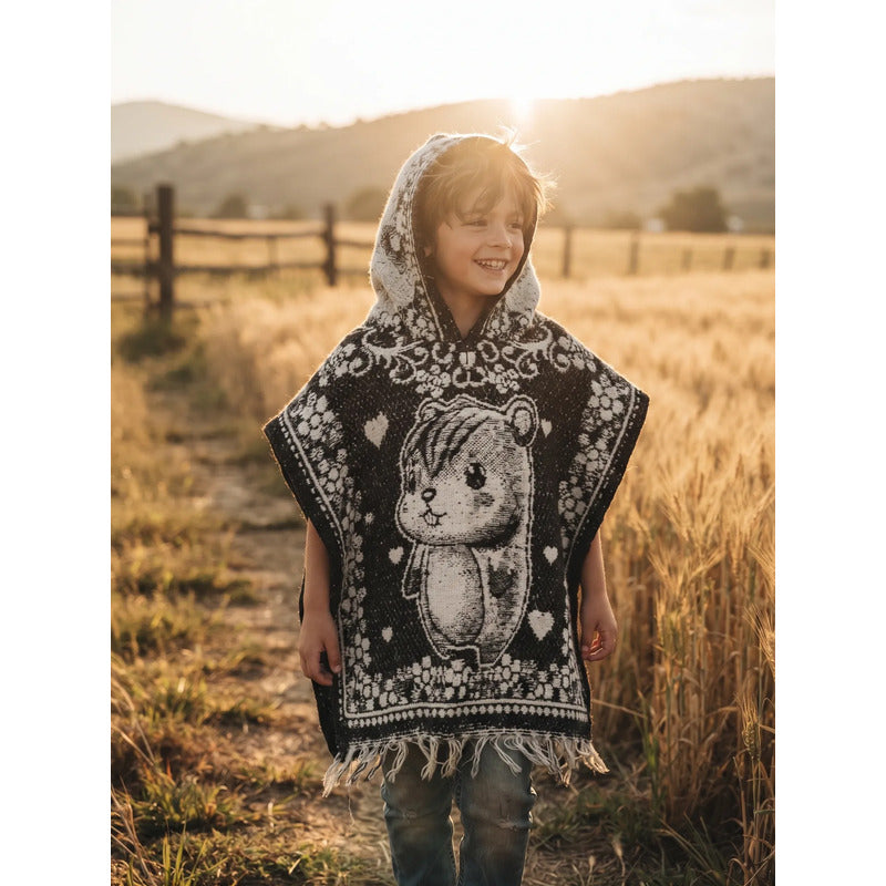 Jorongo Poncho Gaban Afelpado Infantil Artesanal Con Capucha Negro Capibara 60x50