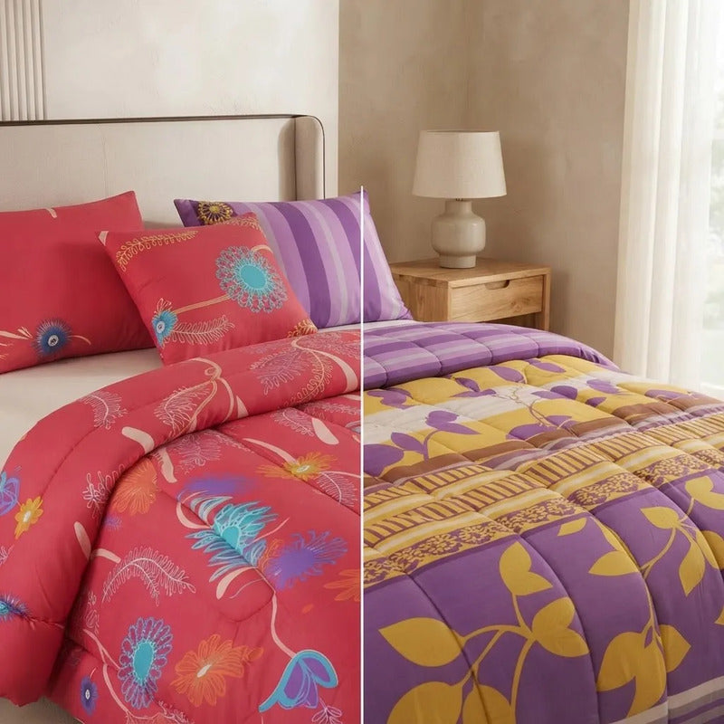 Edredon King Size Doble Vista +3 Cojines Decorativos Algodón Rosa/lina Floreado