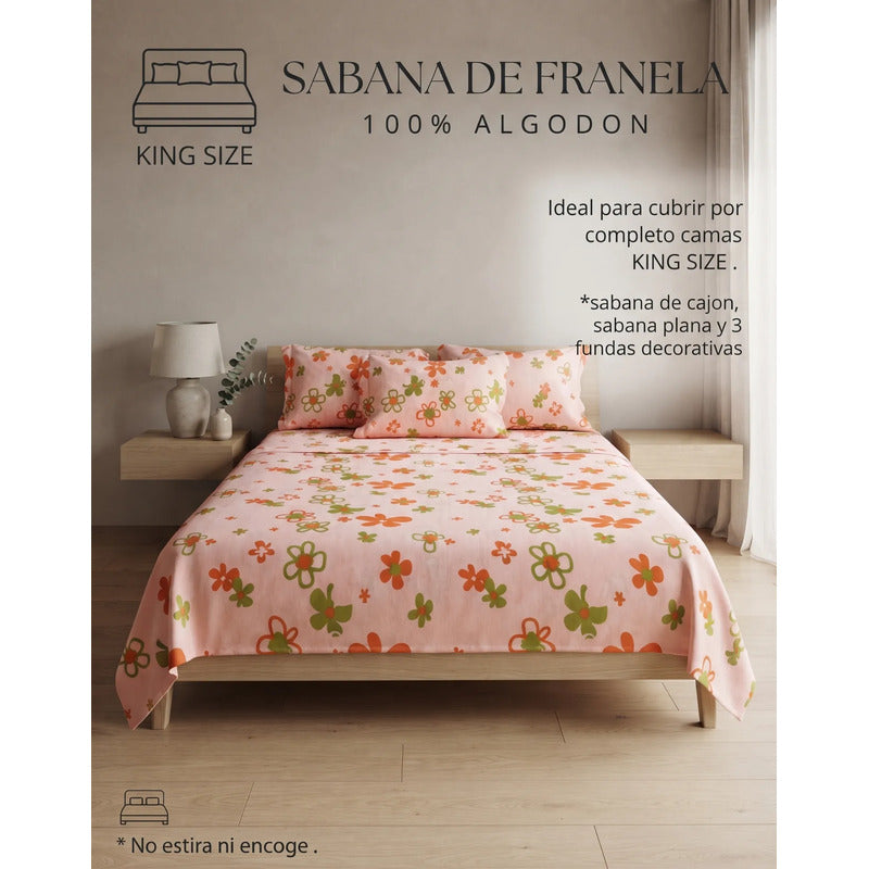 Juego De Sabanas Franela Mariol 100% Algodón King Size Coral Claro Kenia Melon