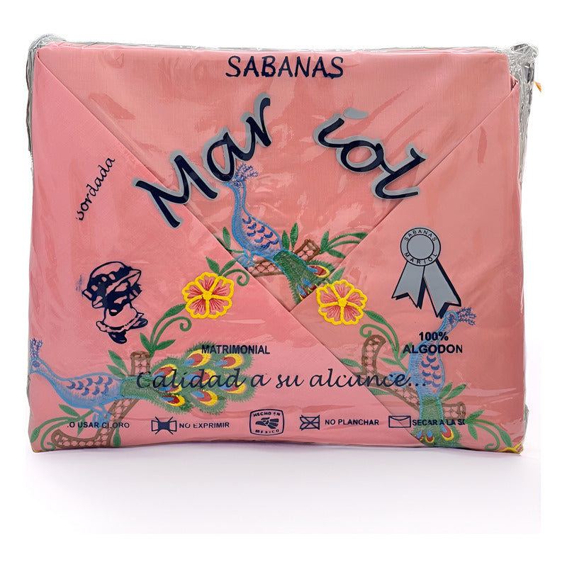 Sabana Matrimonial Lisa Bordada 100% Algodón-diseño Elegante Rosa Pavorreal Bordado