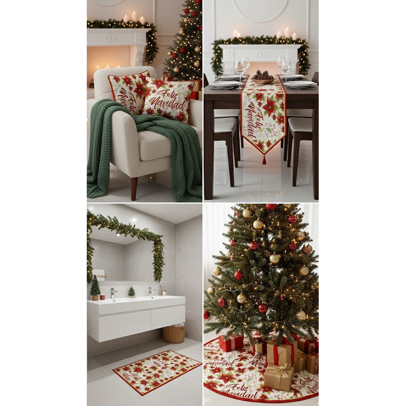 Kit Navideño: Camino De Mesa, Pie De Árbol, Fundas Y Tapete Beige Feliz Navidad