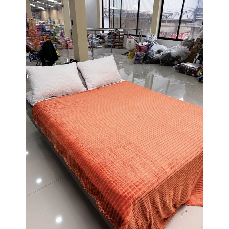 Cobertor Frazada Matrimonial Ligera Super Suave Y Calientita Rayado 700 G Coral Claro / Melón