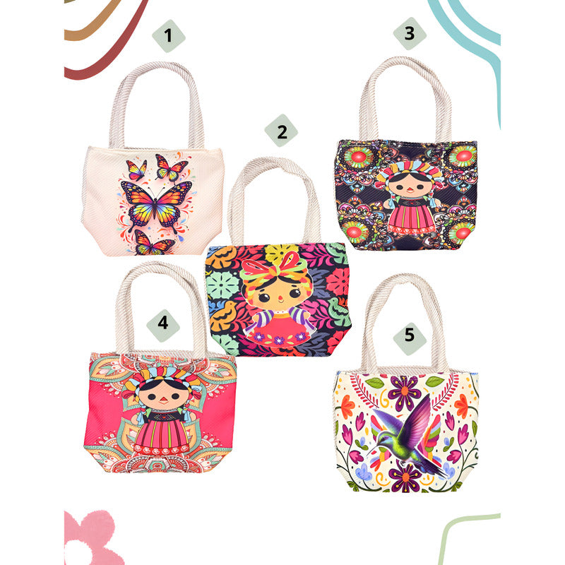Bolsita Artesanal Pequeña Tipo Tote De Mano Diseños Lindos Beige Floreado Y Tradicional