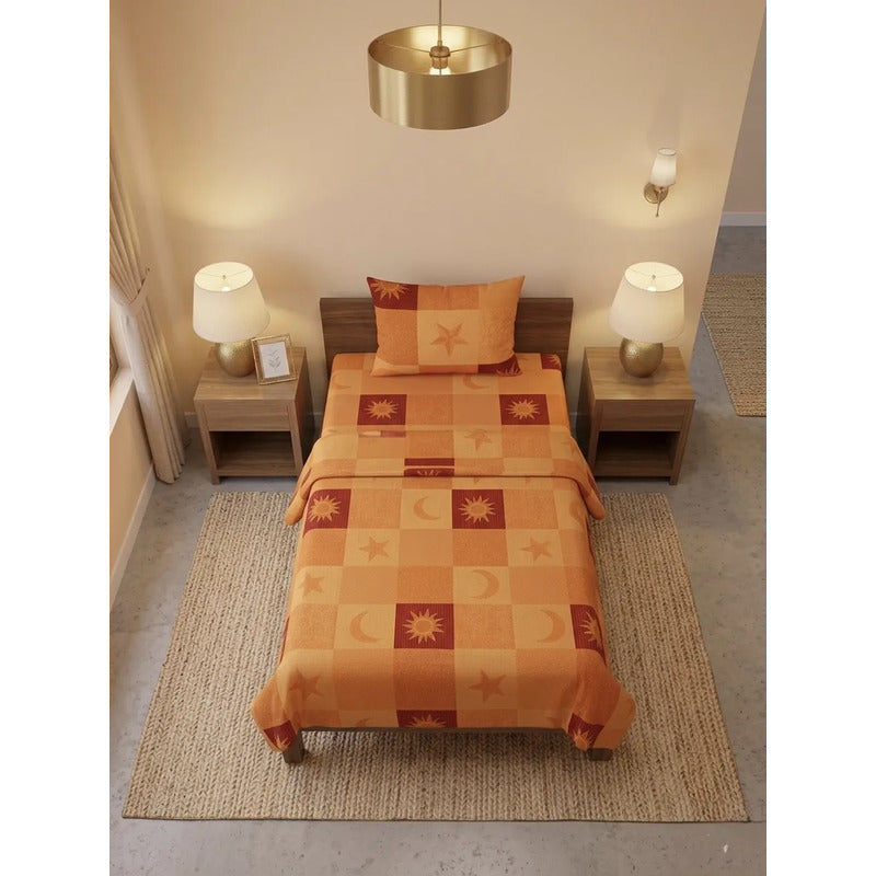Juego De Sábana Mariol Individual 100% Algodón Premium Naranja Soy Y Estrellas Naranja