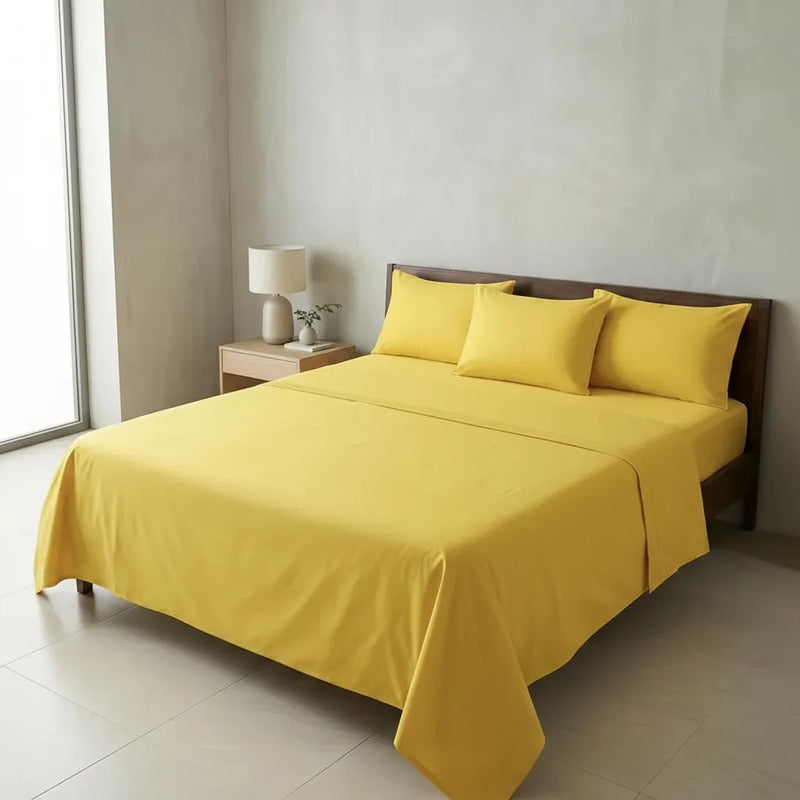 Juego De Sabanas King Size Leonora Percal Algodón 144h Lisas Amarillo Amarillo Liso