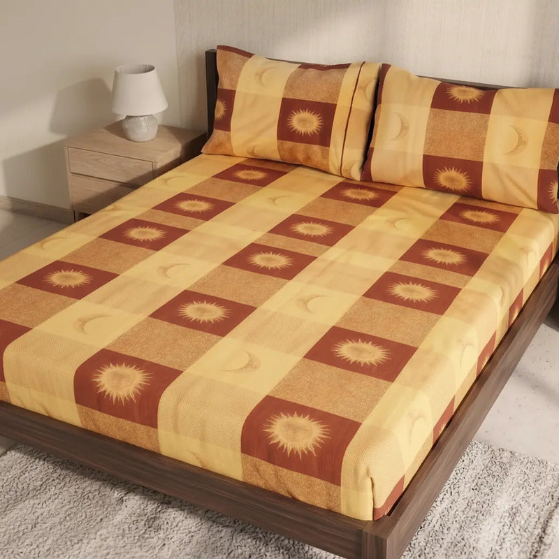 Sábana De Cajón Matrimonial +2 Fundas De Almohada Algodón Dorado Oscuro Sol Y Luna Cafe