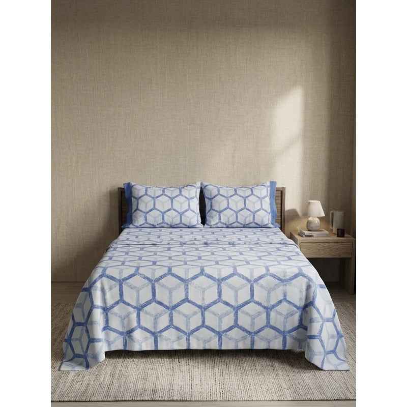 Juego Sabanas Matrimonial Amacener 100% Algodón Cajón Alto Azul Acero Rombo Azul