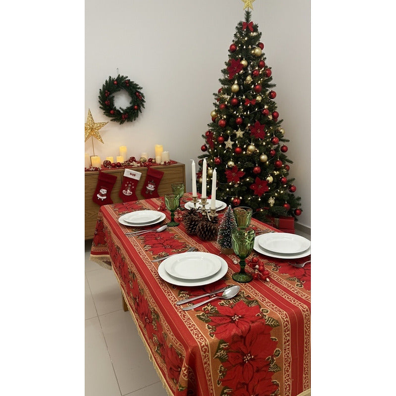 Mantel Navideño Leonora Rectangular 150x300 De Alta Calidad. Bordó Rama De Noche Buena