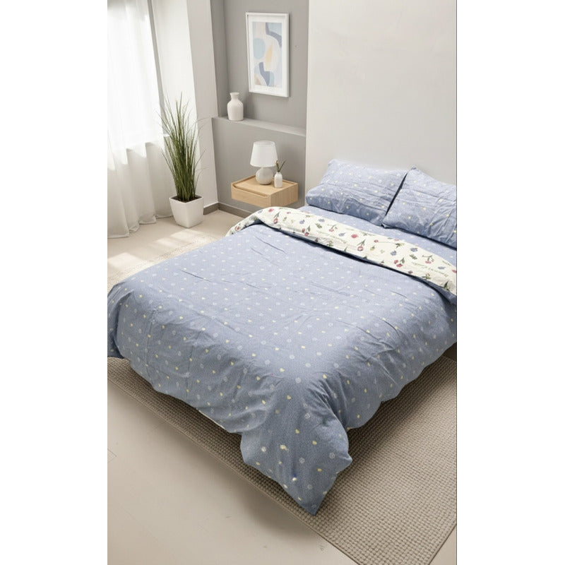 Edredón Premium Duvet Dos Vistas Matri Con Relleno Incluido Azul Tulipán Corazones Algodón Alta Densidad