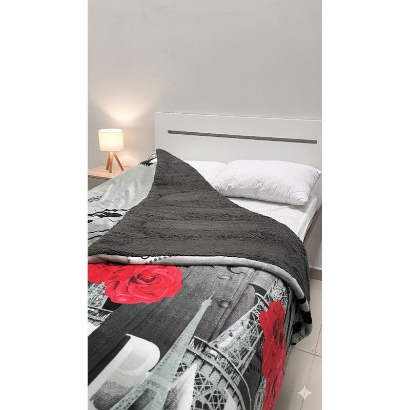 Cobertor Borrega Amanecer | Matrimonial, Suave Y Acolchado Paris Rojo Gris Oscuro