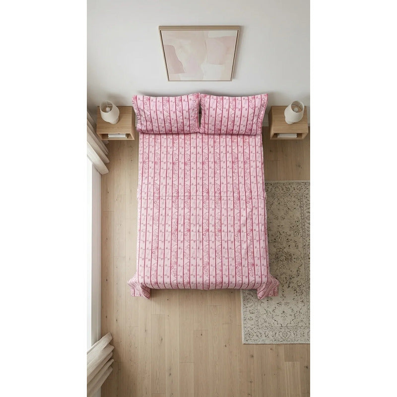 Juego De Sabanas Franela Mariol 100% Algodón Matrimonial Rosa Diente De Leon Rosa