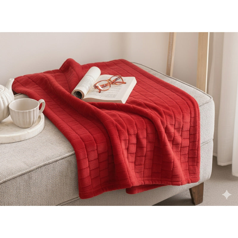 Frazada Térmica Leonora Matrimonial Extra Suave-grabada Cuadros Rojo Rojo