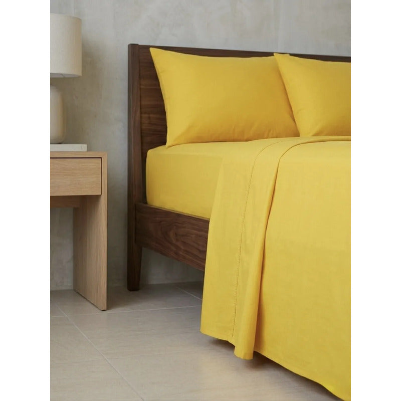 Juego De Sabanas King Size Leonora Percal Algodón 144h Lisas Amarillo Amarillo Liso