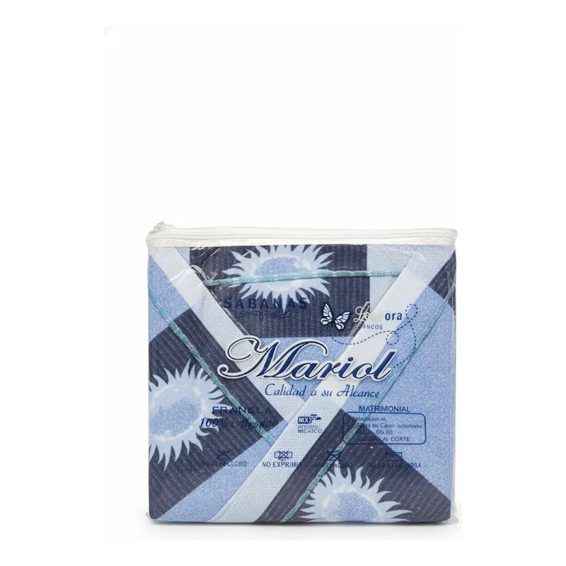 Juego De Sabanas Franela Mariol 100% Algodón Matrimonial Azul Acero Soles Y Lunas Azul