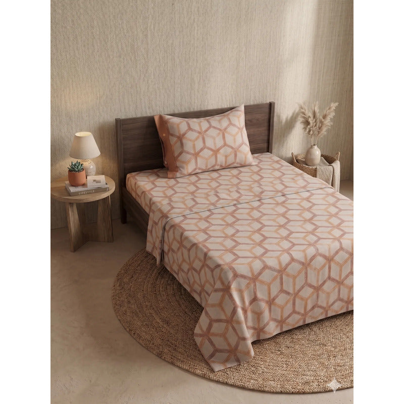 Juego De Sábana Mariol Individual 100% Algodón Premium Naranja Claro Rombo Naranja