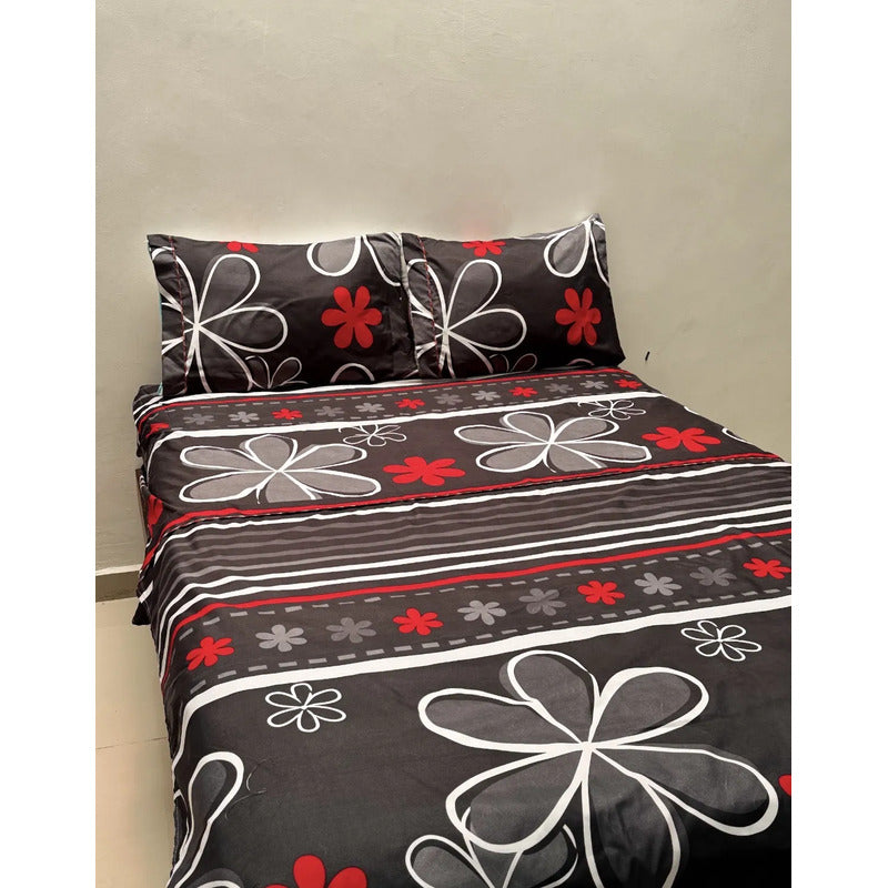 Juego De Sabana Matrimonial Leonora Tacto Suave Y Fresco Negro Flor Roja/negra