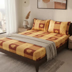 Sábana De Cajón Matrimonial +2 Fundas De Almohada Algodón Dorado Oscuro Sol Y Luna Cafe