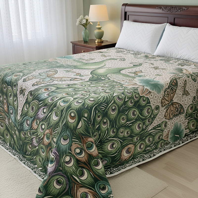 Colcha De Hilo Jacquard Leonora Premium Matrimonial Amplia Verde Oscuro Pavorreal Verde