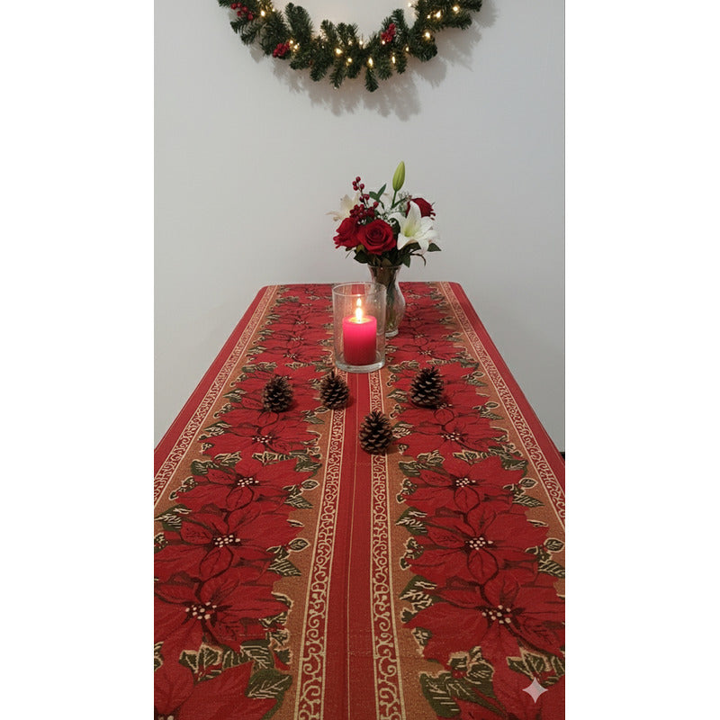 Mantel Navideño Leonora Rectangular 150x300 De Alta Calidad. Bordó Rama De Noche Buena
