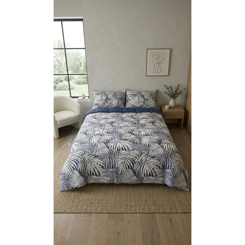 Edredón Acolchado Doble Vista Matrimonial Con Fundas Azul Palma Azul Marino