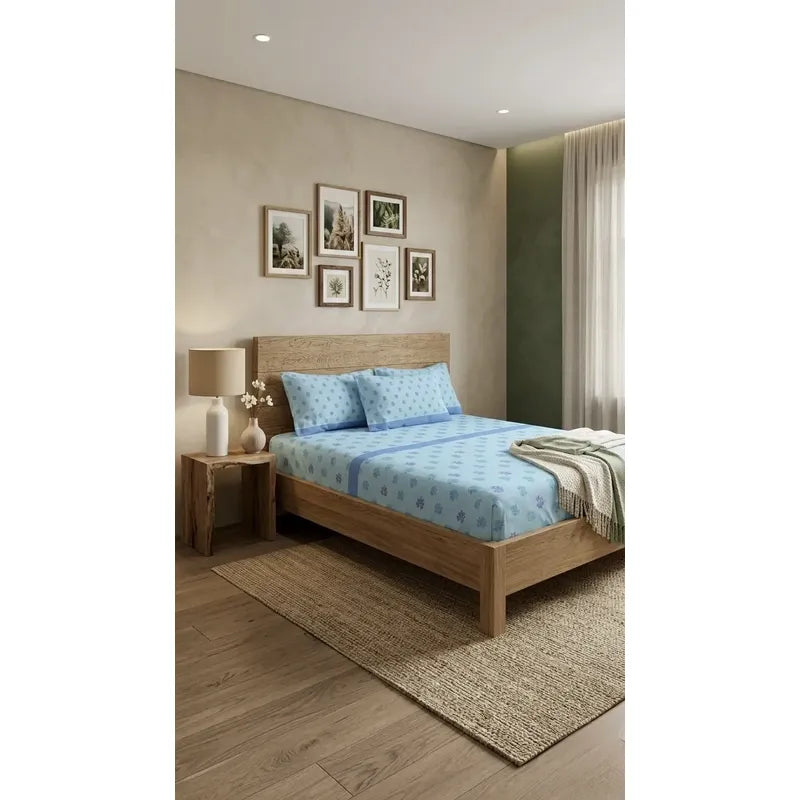 Juego De Sabanas Franela Mariol 100% Algodón King Size Azul Acero Mini Flor Azul