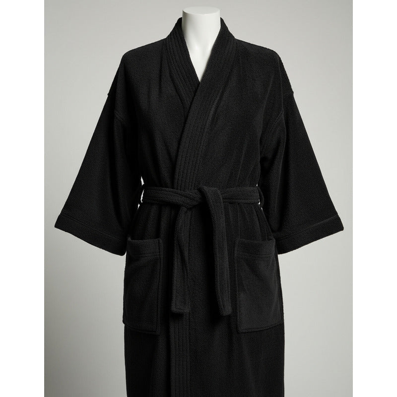 Bata De Baño Leonora Rasurada 100% Algodón Super Absorbente Negro Lisa M-l