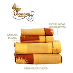 Juego De Sabana Matrimonial 100% Algodón Suaves Y Frescas Naranja Oscuro Soles Y Lunas Oro