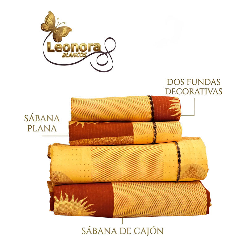 Juego De Sabana Matrimonial 100% Algodón Suaves Y Frescas Naranja Oscuro Soles Y Lunas Oro